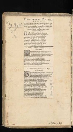 Ausgeschnittene und eingeklebte Textseite "Ephemeris Pythasgorica."