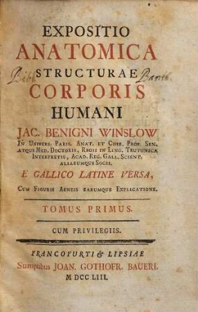 Expositio Anatomica Structurae Corporis Humani, Tomus Primus