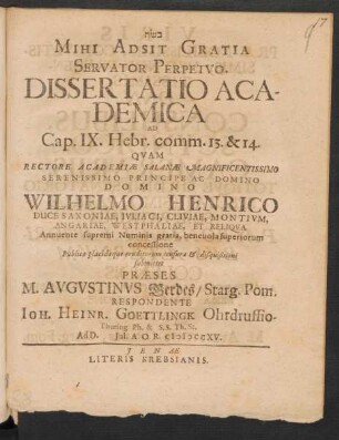 Dissertatio Academica Ad Cap. IX. Hebr. comm. 13. & 14.