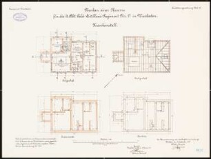 Artilleriekaserne II/27, Wiesbaden: Krankenstall: Grundriss Fundamente, Bankette, Erdgeschoss, Dachgeschoss 1:100