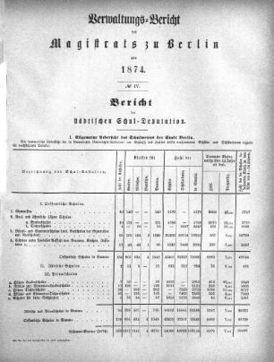 No. IV. Bericht der städtischen Schul-Deputation