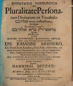 Disp. theol. de pluralitate personarum divinarum