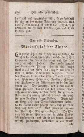 Der 26ste November. Winterschlaf der Thiere. - Der 30ste November. Dankbare Erinnerung der Wohlthaten Gottes.