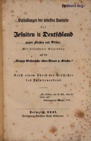 Enthüllungen der neuesten Umtriebe der Jesuiten in Deutschland gegen Fürsten und Völker