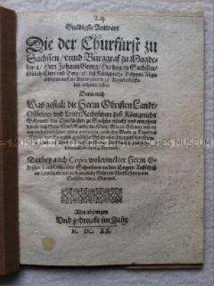 Schreiben des Kurfürsten Johann Georg I. von Sachsen über seine Stellung zum Königreich Böhmen während des Dreißigjährigen Krieges