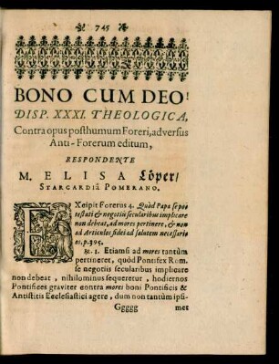 Disp. XXXI. Theologica, ... Respondente M. Elisa Löper/ Stargardia Pomerano.