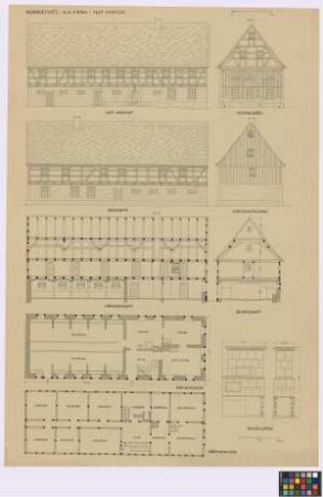 Bonnewitz ([Kreis Pirna, Stadt oder Land]): Hof Herzog. - Haupthaus (zwei Seiten-Ansichten, zwei Giebel-Ansichten, Längsschnitt, Querschnitt, Grundriss des Erdgeschosses, Grundriss des Obergeschosses). - Kachelofen (zwei Ansichten)