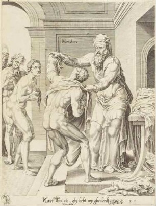 Die Einkleidung der Nackten, Blatt 5 aus der Folge "Das Jüngste Gericht und die sechs Werke der Barmherzigkeit"
