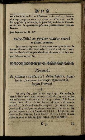 Recüeil des plusieurs contes fort divertissans, pour servir d'exercice à ceux qui apprennent la langue Francoise