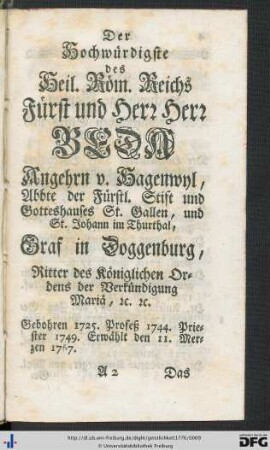 Der Hochwürdigste des Heil. Röm. Reichs Fürst und Herr Herr Beda ...