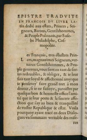 a3v-b3r, Epistre traduite en francois du livre latin dedié aux estats, Princes, Seigneurs, Barons...