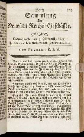 9tes stuck. Schwabach, den 3. Februarii, 1758.