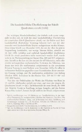 I. Die handschriftliche Überlieferung der Schrift Quadratura circuli (1450)