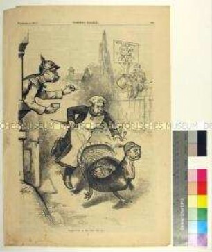 Zeitschriftenkarikatur "Thanksgiving on the other side" aus Harper's Weekly
