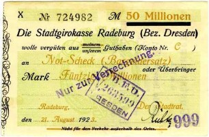 Not-Scheck (Bargeldersatz) über Fünfzig Millionen Mark