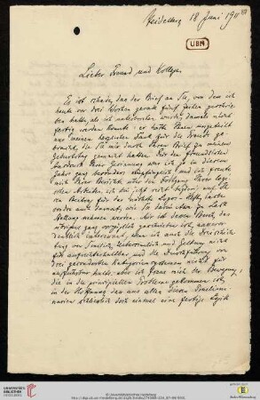 Brief von Wilhelm Windelband an Heinrich Rickert
