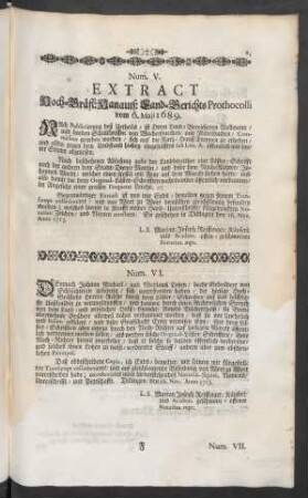 Num. V. Extract Hoch-Gräfl: Hanauis: Land-Berichts Prothocolli vom 6. Maji 1689.