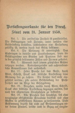 Verfassungsurkunde für den Preuß. Staat vom 31. Januar 1850.