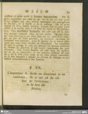 §. XX. L'honnéteté se divise en exterieure et en intérieure, de ce qui est du ressort de l'extérieure, et de leur différence