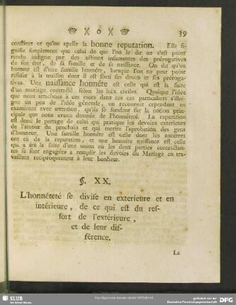 §. XX. L'honnéteté se divise en exterieure et en intérieure, de ce qui est du ressort de l'extérieure, et de leur différence