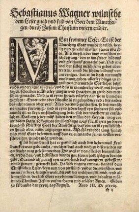 Sebastianus Wagner wünscht dem Leser gnad und frid von Gott dem Allmechtigen, durch Jesum Christum unsern erlöser.