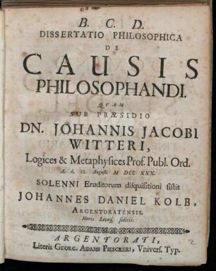 Dissertatio Philosophica De Causis Philosophandi