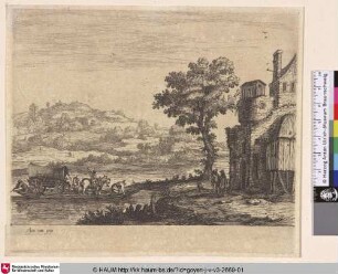 [Flusslandschaft mit Fähre; Riverlandscape with ferry-boat]