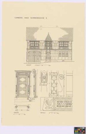 Camberg (Landkreis Limburg-Weilburg): Haus Schmiedestraße [oder Schmiedegasse] 6. - Wohnhaus (Ansicht). - Haustür (Ansicht, Vertikalschnitt, Horizontalschnitt). - drei Details (drei Ansichten)