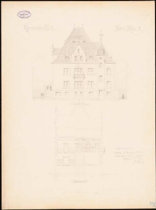Landratsamt (Kreishaus), Zell/Mosel Monatskonkurrenz Januar 1888 (wahrscheinlich die Originalzeichnung): Aufriss Gartenansicht, Querschnitt 1:100; Kostenberechnung