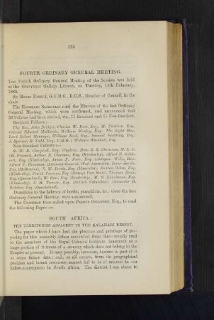 Fourth Ordinary General Meeting: South Africa: The Territories adjacent to the Kalahari Desert. By Parker Gillmore, Esq.