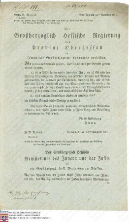 Ausschreiben: Auf das Gesuch des Simon Katz zu Einartshausen um Regulierung des Ausschlags zur Besoldung des dortigen Judenlehrers und Vorsängers wird beiliegender Entscheid getroffen (Ausfertigung zwei Mal vorhanden; ein Überweisungsschreiben vom 23. November 1827 anbei)