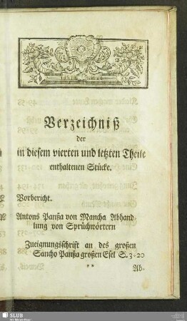 Verzeichniß der in diesem vierten und letzten Theile enthaltenen Stücke