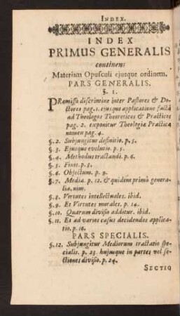 Index Primus Generalis continens Materiam Opusculi ejusque ordinem.