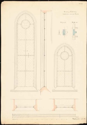 Evangelische Kirche, Festenberg: 2 Aufrisse, 1 Schnitt, 2 Grundrisse und Details der Chorfenster, Maßstabsleiste