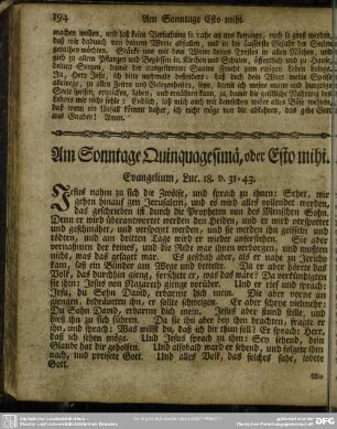Am Sonntage Quinquagesimae, oder Esto mihi. . Evangelium, Luc. 18. v. 31-43