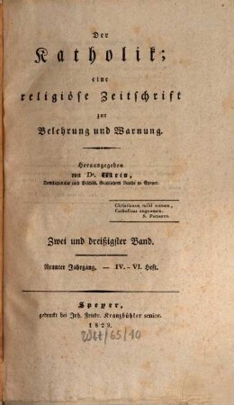 Der Katholik : Zeitschrift für katholische Wissenschaft und kirchliches Leben. 32 = Jg. 9. 1829