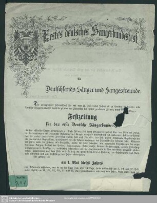 Erstes deutsches Sängerbundesfest : An Deutschlands Sänger und Sangesfreunde ... Festzeitung für das erste Deutsche Sängerbundesfest ...; [Dresden, den 9. April 1865]