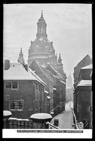 Dresden im Schnee, Blick auf Frauenkirche, Weihnachtsgrüße