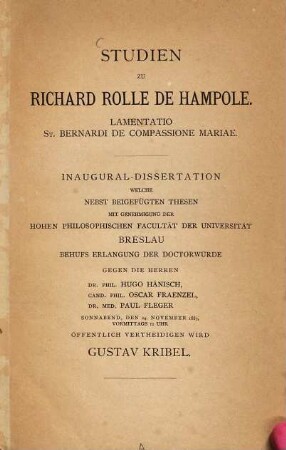 Studien zu Richard Rolle de Hampole : Lamentatio St. Bernhardi de Compassione Mariae