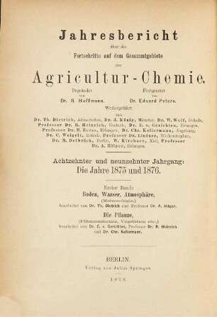 Jahresbericht über die Fortschritte auf dem Gesamtgebiet der Agrikultur-Chemie. 18/19,1. 1875/76