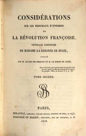 Considérations sur les principaux événemens de la révolution françoise : ouvrage posthume, 2