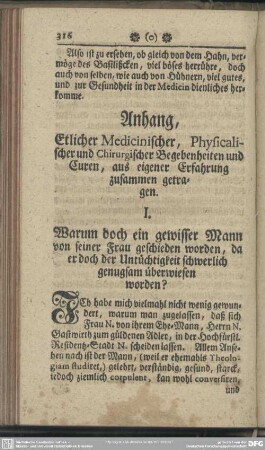Anhang, Etlicher Medicinischer, Physicalischer und Chirurgischer Begebenheiten und Curen, aus eigener Erfahrung zusammen getragen