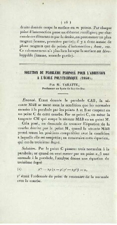 Solution du problème proposé pour l'admission a l'École Polytechnique (1860).