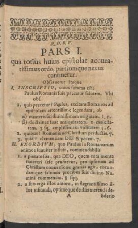 Pars I. qua totius huius epistolae accuratissimus ordo, partiumque nexus continentur