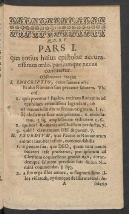 Pars I. qua totius huius epistolae accuratissimus ordo, partiumque nexus continentur