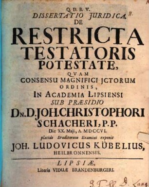 Dissertatio Juridica, De Restricta Testatoris Potestate