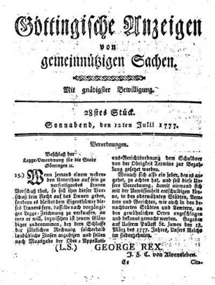 28stes Stück. Sonnabend, den 12ten Julii 1777.
