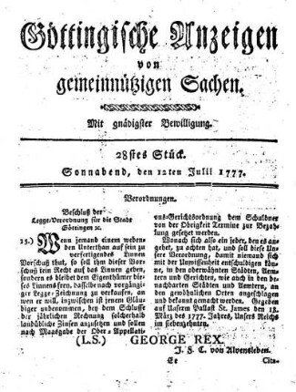 28stes Stück. Sonnabend, den 12ten Julii 1777.