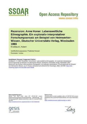 Rezension: Anne Honer: Lebensweltliche Ethnographie. Ein explorativ-interpretativer Forschungsansatz am Beispiel von Heimwerker-Wissen, Deutscher Universitäts-Verlag, Wiesbaden 1993