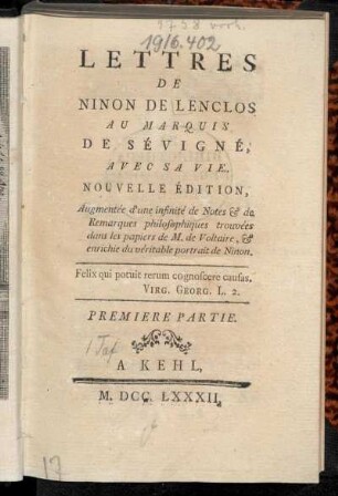 Partie 1: Lettres De Ninon De Lenclos Au Marquis De Sévigné. Première Partie